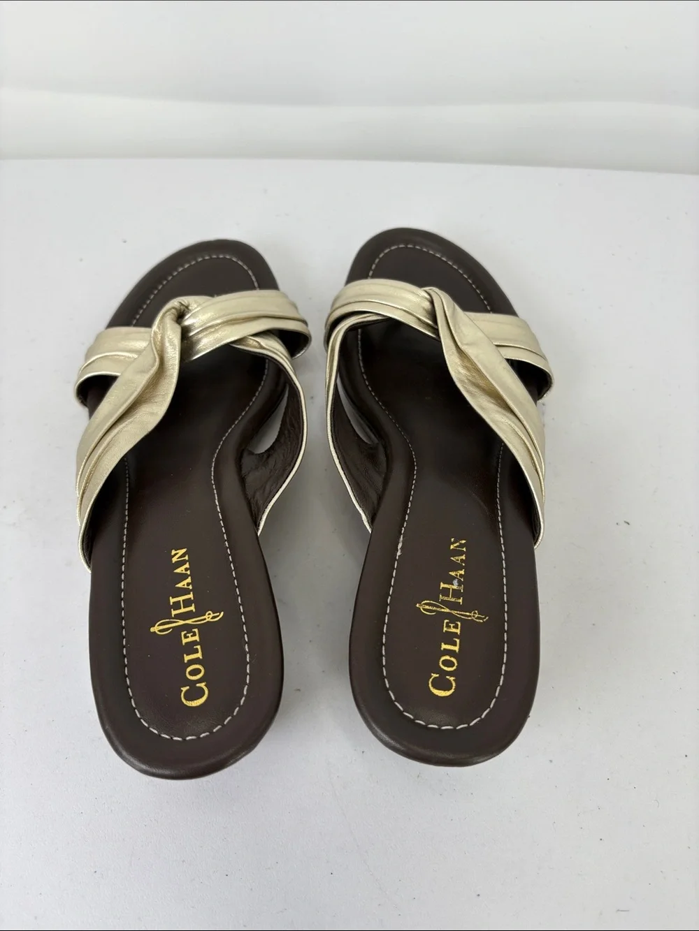 👔 Cole Haan leather wedge Metallic Gold Twisted Strap Slide Sandals